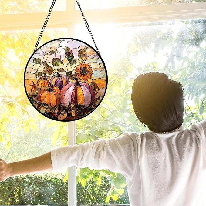 Stained Glass Window Hanging, Pumpkin Sunflower Suncatcher Diamond Glass Panel Sun Catchers Decor for Birthday for Women, Men, Wife, Aunt, and Mom 14.9x14.9 in