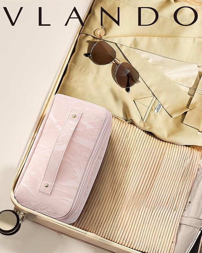 Vlando Makeup Bag,Large Capacity Toiletry Bag for Women Waterproof Portable Make up Pouch PU Leather Open Flat Cosmetic Bag(Sand Pink)