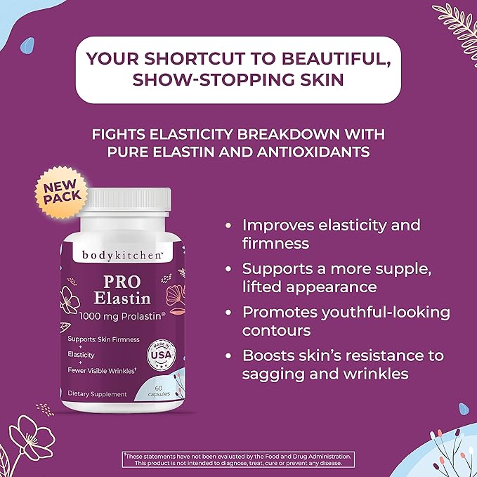 Body Kitchen Pro-Elastin 1000 mg Elastin Supplement, Reduce Signs of Aging, Improved Skin Health, Firmness & Elasticity, Fewer Wrinkles, Veggie Caps (Pack of 3)