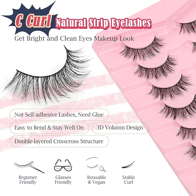 Wispy Lashes False Eyelashes 16mm Strip Lashes Fluffy Eyelashes C Curl Lash Strips Fake Eyelashes Natural with 0.1MM Thin Cotton Band Siligli 3D Volume Eyelash Pack 7 Pair