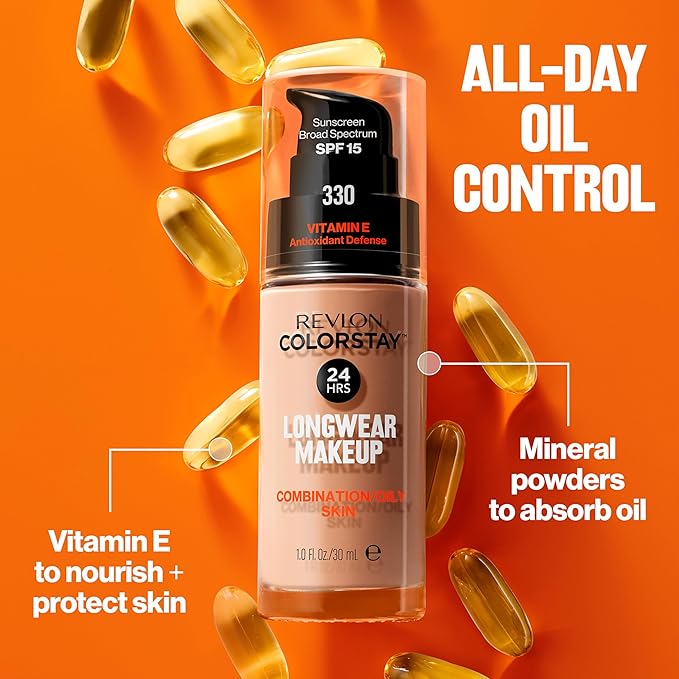 Revlon Liquid Foundation, ColorStay Face Makeup for Combination & Oily Skin, SPF 15, Medium-Full Coverage with Matte Finish, Cappuccino (410), 1.0 Oz