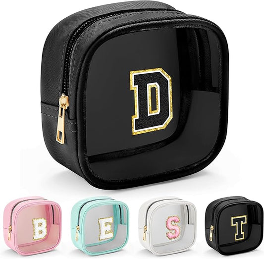 YOOLIFE Initial Makeup Bag Travel Toiletry Bag, Clear Makeup Bag Car Accessories For Women Clear Makeup Bags With Zipper Girlfriend Teacher 7 Year Old Girl Gifts Daughter Gifts Girl Gifts Mini Black D