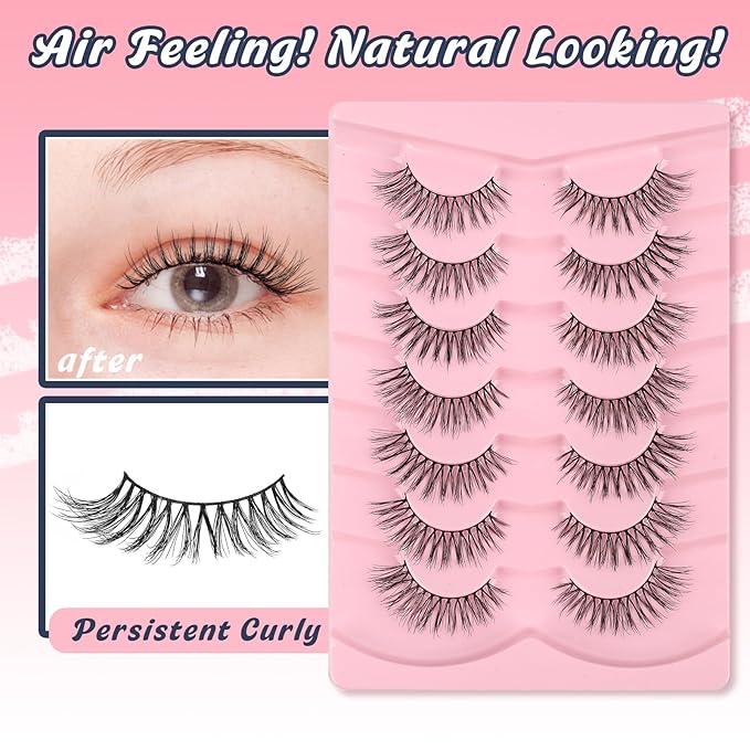 Eyelashes Natural 16mm Cat Eye Lashes Wispy C Curl Strip Lashes False Eyelashes Fluffy Eye Lash 3D Volume Wispy Eyelash Siligli Lash Pack 7 Pair