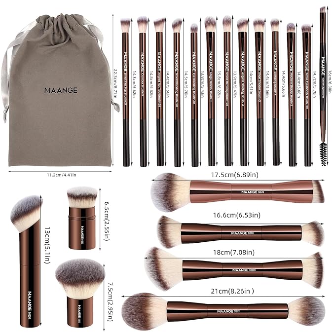 MAANGE 20 PCS Foundation Makeup Brush Set, Double-ended Kabuki Contour Brush for Liquid Powder Concealer Blending Blush Face Makeup Tools (Coffee)