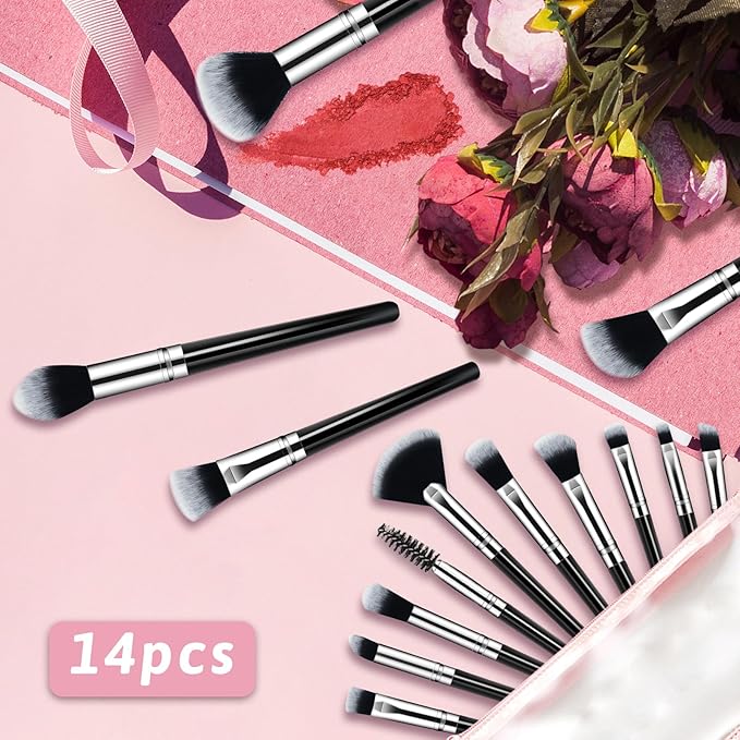 Makeup Brush Set, Premium Synthetic 14 Pcs Makeup Brushes, Travel Makeup Brush Set for Foundation, Concealer, Blush and Eyeshadow Brush(Black)
