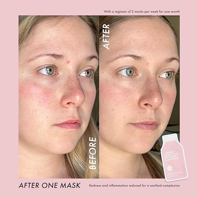 ESW Beauty Strawberries & Cream - Soothing Raw Juice Face Mask - Calming with Coconut, Vanilla Bean, Almond Milk & Strawberry for Sensitive Skin - Reduces Redness & Nourishes