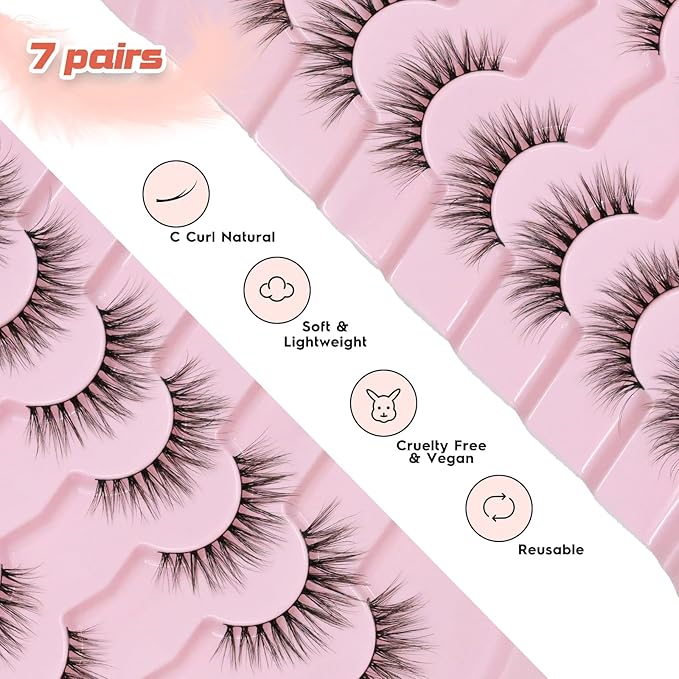 Natural Lashes Cateye False Eyelashes Wispy 12mm Cat Eyelashes Short Lash Pack for Small Eyes Eyelash with 0.1MM Thin Cotton Band 3D Volume Fake Eyelashes Siligli Soft Strip Lashes 7 Pairs