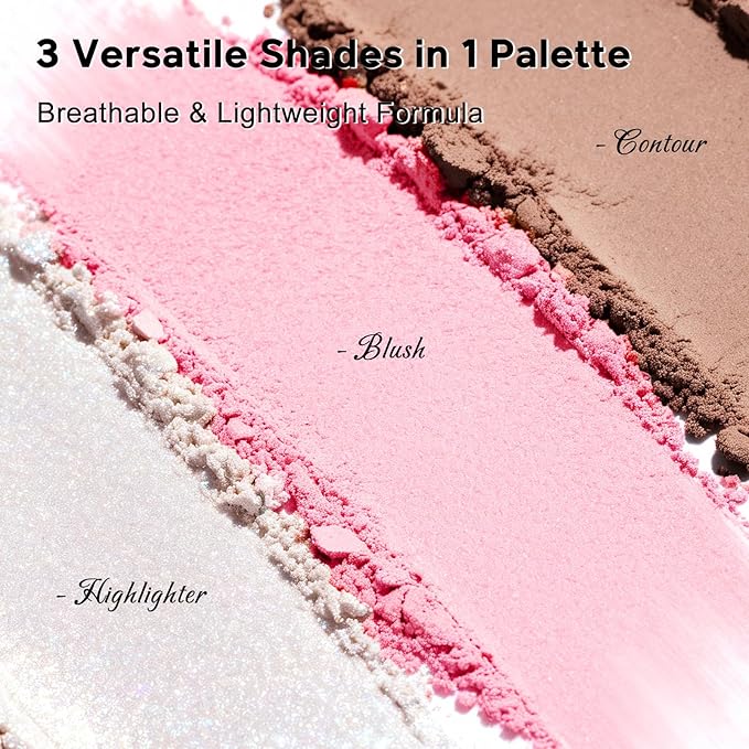 Color Nymph 3 Colors Contour Blush Highlighter Palette, 3-in-1 Makeup Palettes for Light Complexion | Nourishing & Long-lasting with Shimmer Matte Powder, Travel Size Pallet, Vegan & Cruelty-Free #02