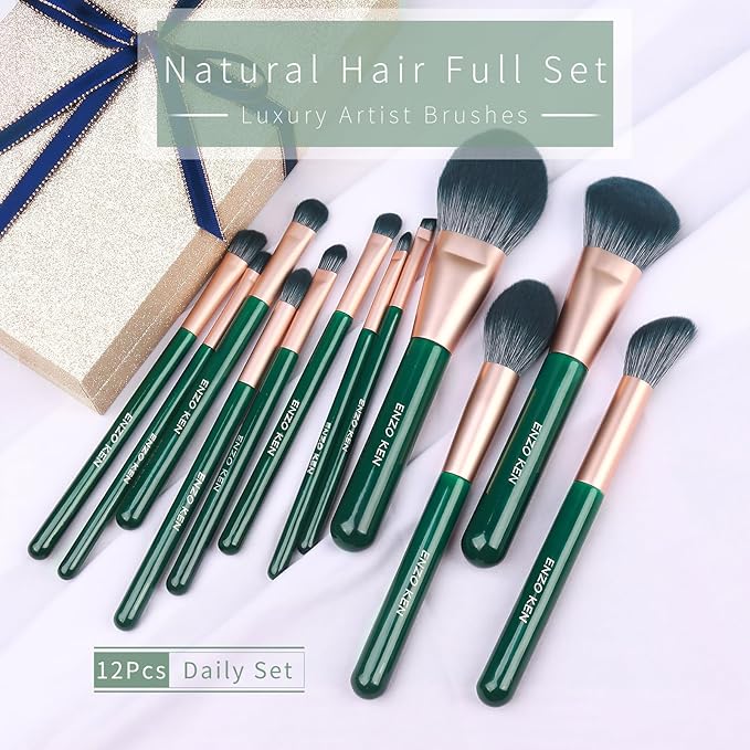 Natural Fiber & Goat Hair Makeup Brush Set Professional, Combined Hair Makeup Brushes Set with Case by Luxury ENZO KEN, Emerald Green Cosmetic Brushes Makeup Set, Natural Bristle Makeup Brushes.