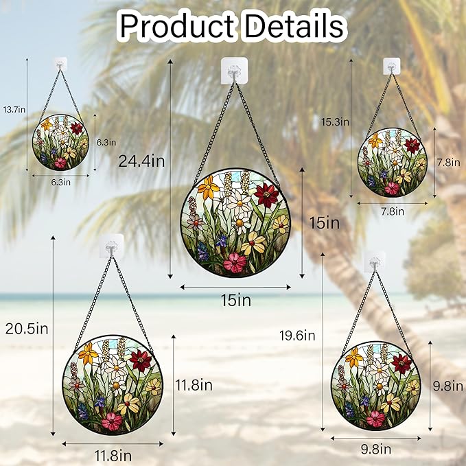 Stained Glass Window Hanging, Colorful Wildflowers Plant Scenery Suncatcher for Doors Window Home White Green Sun Catchers Decor Mother's Day Birthday Gifts for Women, Men Mom 11.8 in