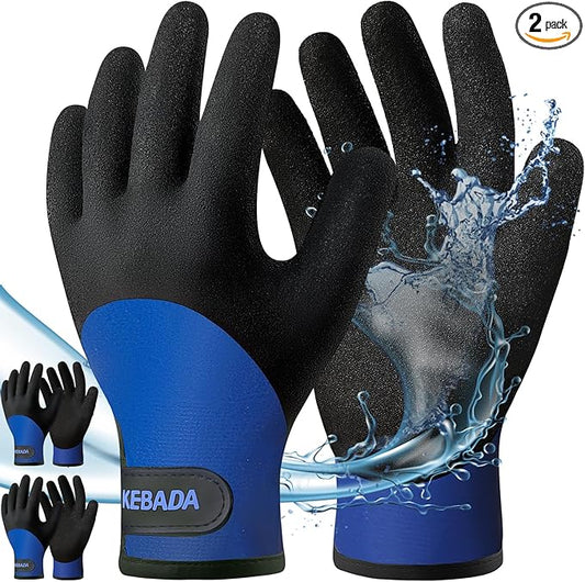 Kebada T2 Waterproof Work Gloves for Men and Women, Thermal Warm Winter Working Gloves, Insulated Freezer Gloves for Cold Weather, 100% Latex Coating, Wrist Closure, 2 Pairs, Blue, Small