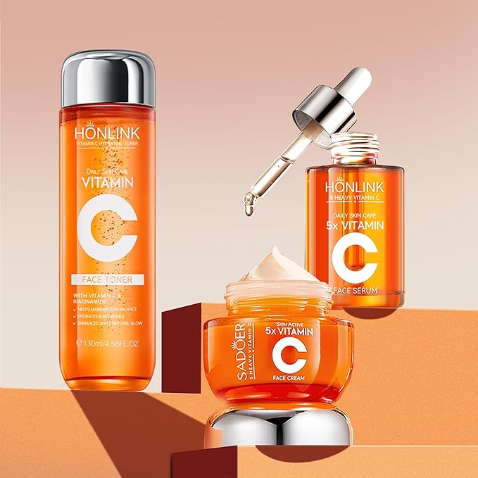 5x Vitamin C Skincare Set,Revitalizing Toner, Nourishing Essence, Face Moisturizer, Deep Cleansing & Hydration Balance, Refines Pores & Enhances Luminosity, Unique Gift for Women
