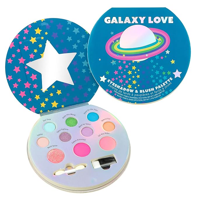 10 Color Eyeshadow Palette & Blush Makeup Novelty Beauty Set, Fold Out Compact with Mirror, Washable, Non-Toxic,Galaxy Love Glisten & Glitter Makeup Palette