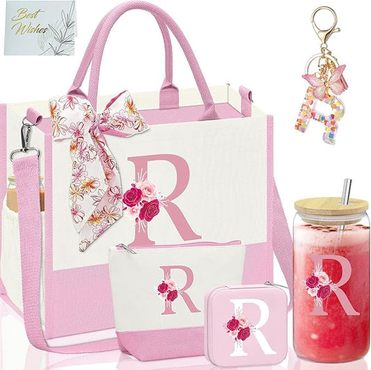 Monogrammed Gifts for Women,Personalized Gifts for Women,Initial Canvas Tote Bag,16oz Initial Glass Cup,Initial Makeup Bag,Initial Jewelry Organizer Box,Birthday Gifts for Aunt Niece-R