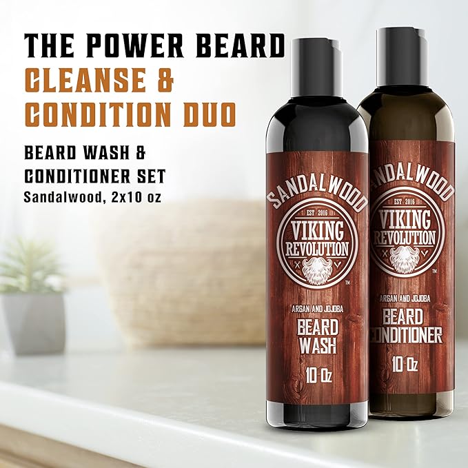 Beard Wash & Beard Conditioner Set w/Argan & Jojoba Oils - Softens & Strengthens - Natural Sandalwood Scent - Beard Shampoo w/Beard Oil (10oz)