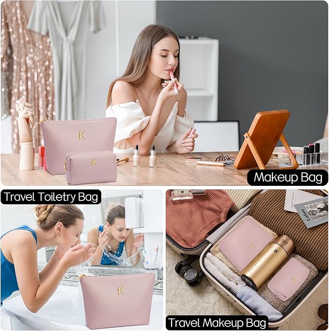 Women Gifts | Initial Makeup Bag Set for Girl Personalized Gifts for Bridesmaid Friend Graduation Teachers PU Leather Cosmetic Travel Toiletry Bag(Pink,K)