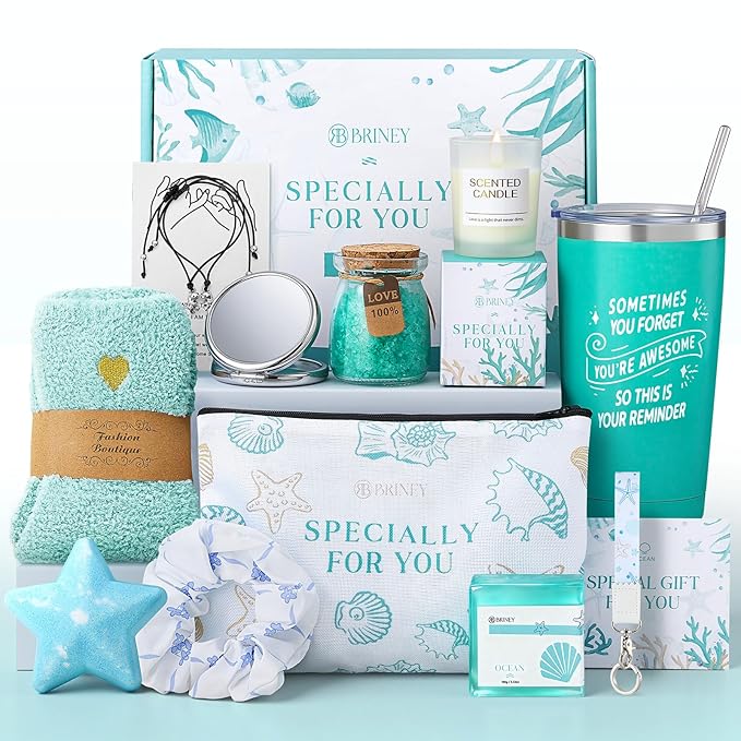 Briney 13Pcs Birthday Gifts for Women, Care Package for Women, Gift Basket, Unique Relaxing Ocean Themed Present for Mom Wife Sister Best Friend, Blue