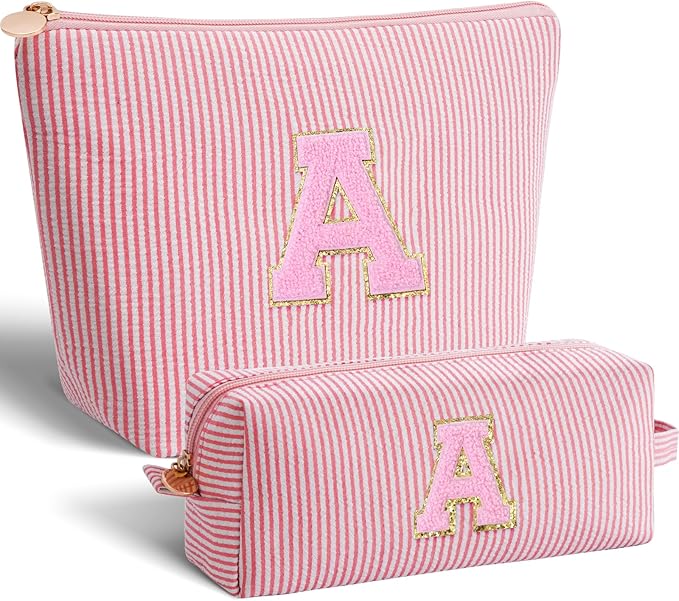 Makeup Bag Set Initials Cosmetic Bag,Gifts for 10 11 12 13 14 15 16 17 18 Years Old Girl Girlfriend Teen Girls Gift Trendy Stuff Personalized Toiletry Bag Travel - Peach,A