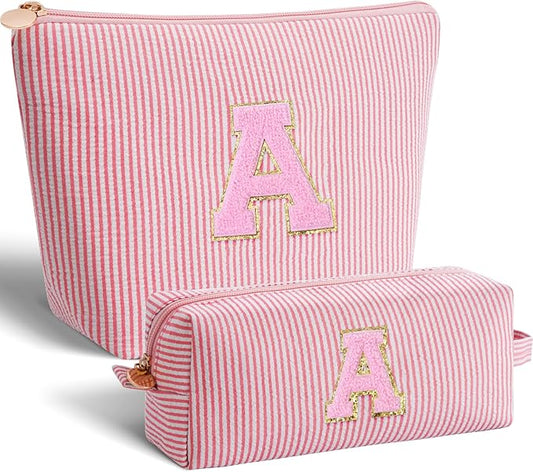 Makeup Bag Set Initials Cosmetic Bag,Gifts for 10 11 12 13 14 15 16 17 18 Years Old Girl Girlfriend Teen Girls Gift Trendy Stuff Personalized Toiletry Bag Travel - Peach,A