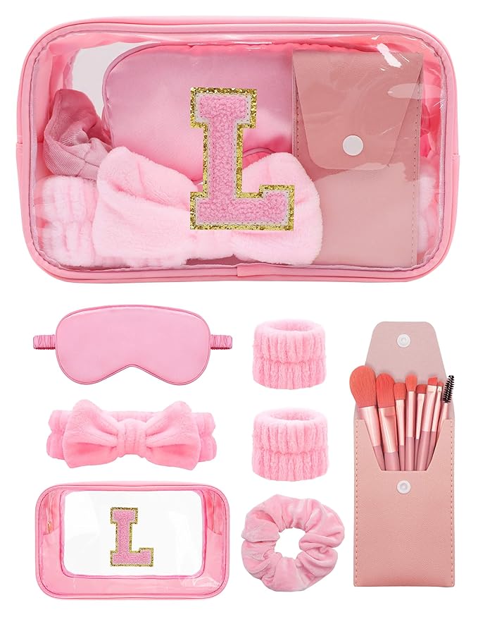 Gift Sets for Women, Initial Makeup Bag with Makeup Brush Set Bachelorette Party Favors, Pink Spa Kit with Skincare Headbands Wrist Bands Sleepover Party Supplies Gifts for Teen Girls Bridesmaid L