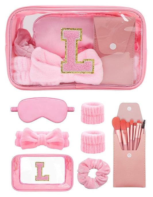 Gift Sets for Women, Initial Makeup Bag with Makeup Brush Set Bachelorette Party Favors, Pink Spa Kit with Skincare Headbands Wrist Bands Sleepover Party Supplies Gifts for Teen Girls Bridesmaid L