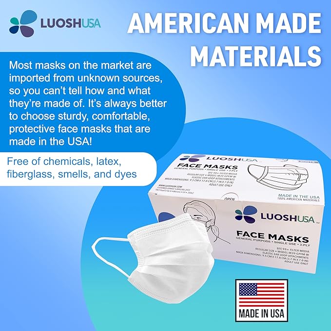 Luosh Face Masks Disposable Made in USA, 3 Ply Disposable Masks 50pcs,Adult Mask, Kids Mask, Black Masks, White Masks