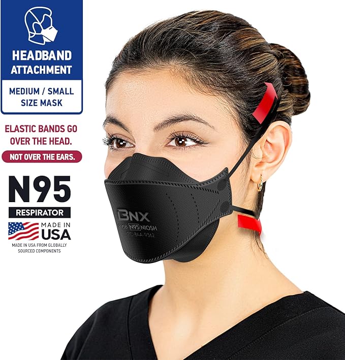 BNX N95 Mask NIOSH Certified MADE IN USA Face Mask, Tri-Fold Cup/Fish Style, 10,20,50-Pack - Black, White (Model F95B,F95W)