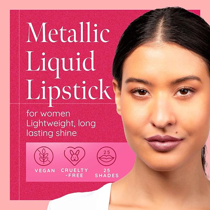 Aromi Metallic Liquid Lipstick | Dusty Rose Lip Color w/Shimmery Finish, Long-Lasting, Waterproof, Nude Berry, Vegan, Cruelty-Free (Pixie Dust)