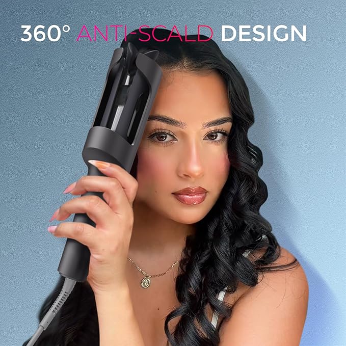 TYMO Automatic Rotating Curling Iron - TYMO CURLPRO Beach Waves Curling Wand, Portable Hair Curler, 500 Million Ionic, Dual Voltage & Lightweight for Travel, Ceramic Coating, 1 1/4 Inch, Metallic Gray