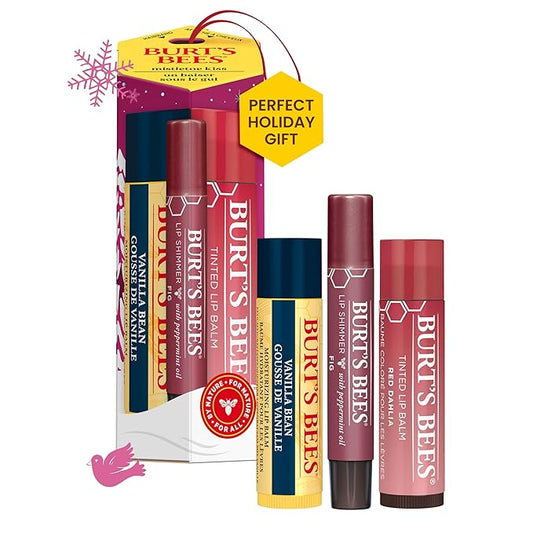 Burt's Bees Christmas Gifts, 3 Lip Care Stocking Stuffers Products, Mistletoe Kiss Set - Vanilla Bean Moisturizing Lip Balm, Red Dahlia Tinted Lip Balm & Fig Lip Shimmer (3-Pack)
