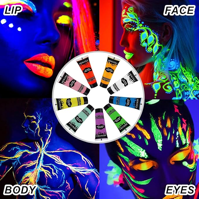 MEICOLY Glow Blacklight Face Body Paint Set,Neon Face Paint Kit,1.06x9oz/Box with Sponges,Blacklight Reactive Paints,Glow in the Dark Body Paint Neon Party Supplies,Neon Fluorescent Face Paint Makeup