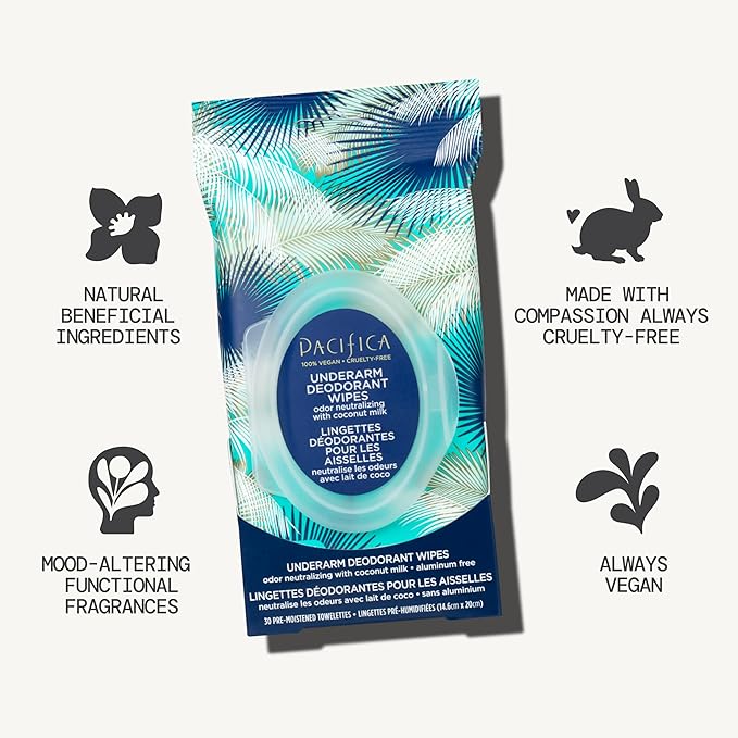 Pacifica Beauty Coconut Milk & Essential Oils Underarm Deodorant Wipes, Helps Remove Odor, Aluminum-Free, Vegan & Cruelty-Free, 30 Wipes (1-Pack)