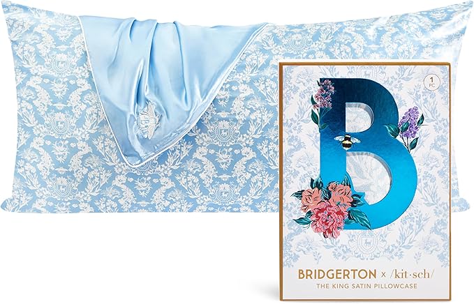 Kitsch x Bridgerton Satin Pillowcase with Zipper for Hair Skin, Softer Than Silk Pillow Cases, Wrinkle-Free, Cooling Satin Pillow Covers, Bridgerton - Toile De Blue, King Size (19x36)