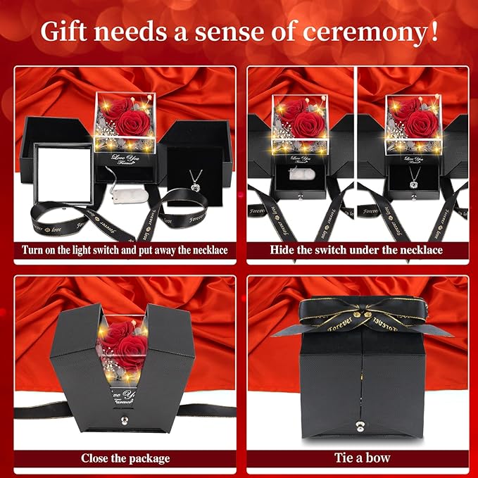 2 Preserved Real Rose with Heart I Love You Necklace- Eternal Rose Birthday Gifts for Women Wife Girlfriend Her Mom Grandma on Festivals Gifts Christmas Valentines Mothers Day Anniversary-Red Rose