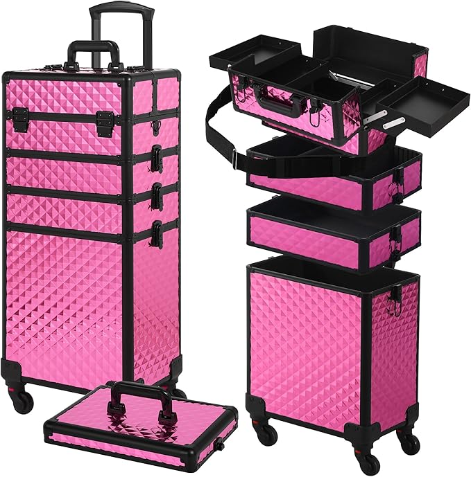 Rolling Makeup Case, Makeup Train Case with Lid, 5 in 1 Cosmetology Case on Wheels, Christmas Gift, Large Makeup Organizers, Profesional Cosmetic Case for Salon Barber, Rose Red
