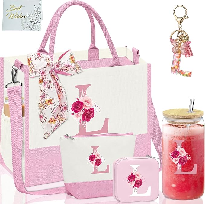 Monogrammed Gifts for Women,Personalized Gift for Women,Initial Canvas Tote Bag,16oz Initial Glass Cup,Makeup Bag for Sister,Jewelry Organizer Box,Birthday Gifts for Aunt Niece-L