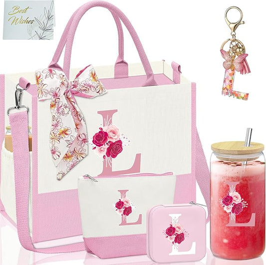 Monogrammed Gifts for Women,Personalized Gift for Women,Initial Canvas Tote Bag,16oz Initial Glass Cup,Makeup Bag for Sister,Jewelry Organizer Box,Birthday Gifts for Aunt Niece-L