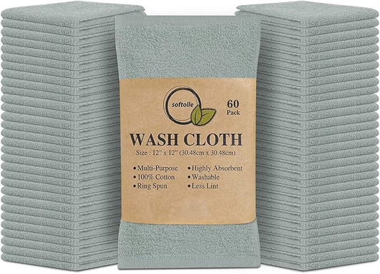 Softolle 100% Cotton Washcloths 60 Pack (12x12 Inches) Soft, Highly Absorbent Washcloth, Face Towels, Wash Cloths for Face, Ring Spun, Bulk Pack (Silver Grey)