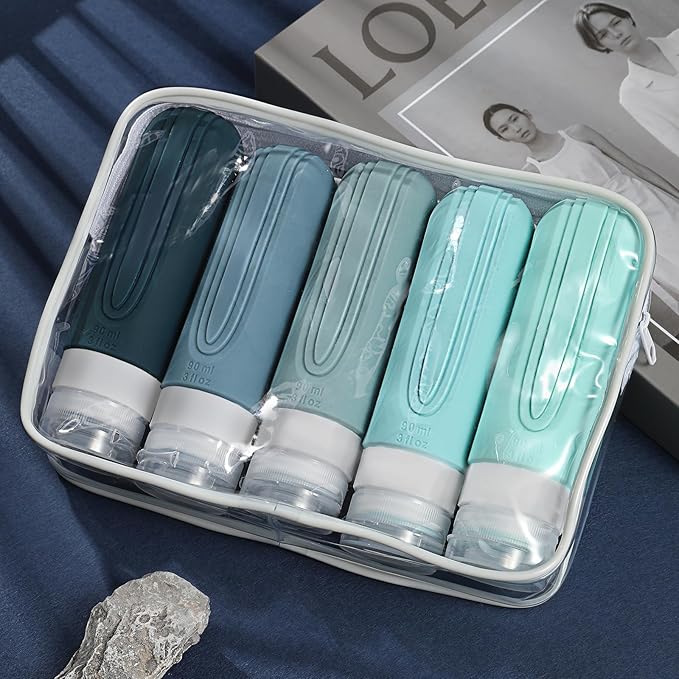 Travel Bottles for Toiletries, 5 Pack TSA Approved Travel Size Containers, 3oz Leak Proof Refillable Travel Accessories for Shampoo Conditioner, BPA Free Travel Bottles with Toiletry Bag