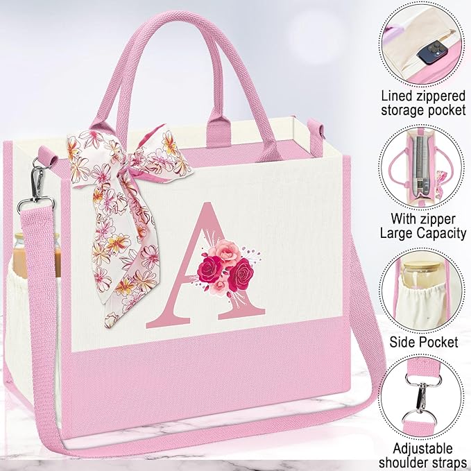 Initial Canvas Tote Bag,Birthday Gifts for Women,Monogrammed Gift for Women,16oz Glass Cup,Personalized Gifts for Mom,Initial Makeup Bag,Unique Gift for Mom Sister Bestie-A