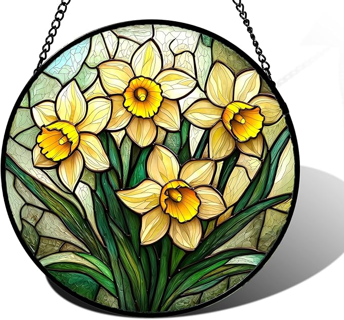 Stained Glass Window Hanging, Daffodil Plant Flowers Sun Catchers Diamond Glass Panel Hangings Suncatcher Decor for Birthday for Women, Men, Wife, Aunt, and Mom 6.3 in