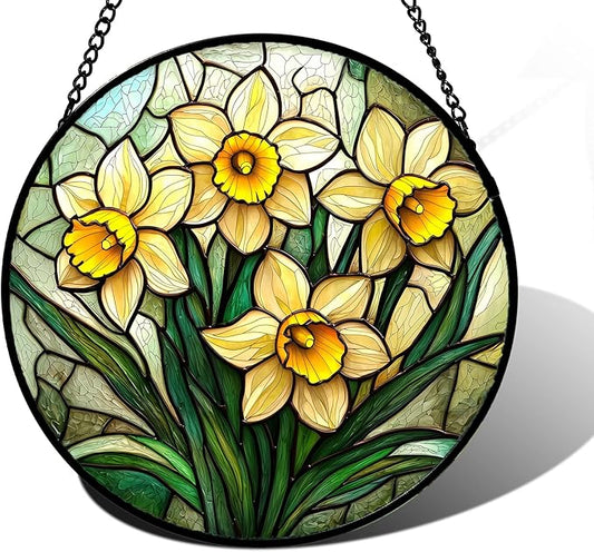 Stained Glass Window Hanging, Daffodil Plant Flowers Sun Catchers Diamond Glass Panel Hangings Suncatcher Decor for Birthday for Women, Men, Wife, Aunt, and Mom 6.3 in