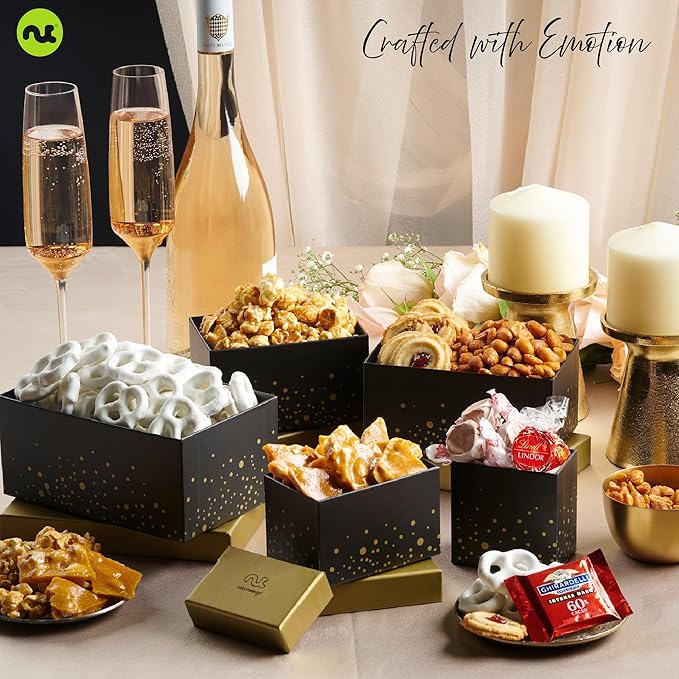 NUT CRAVINGS - Diwali Chocolate Covered Pretzels & Caramel Popcorn Gift Basket, in Black Tower + Ribbon (8 Assortments) Food Arrangement, Healthy Snack Care Package, Food Assortments