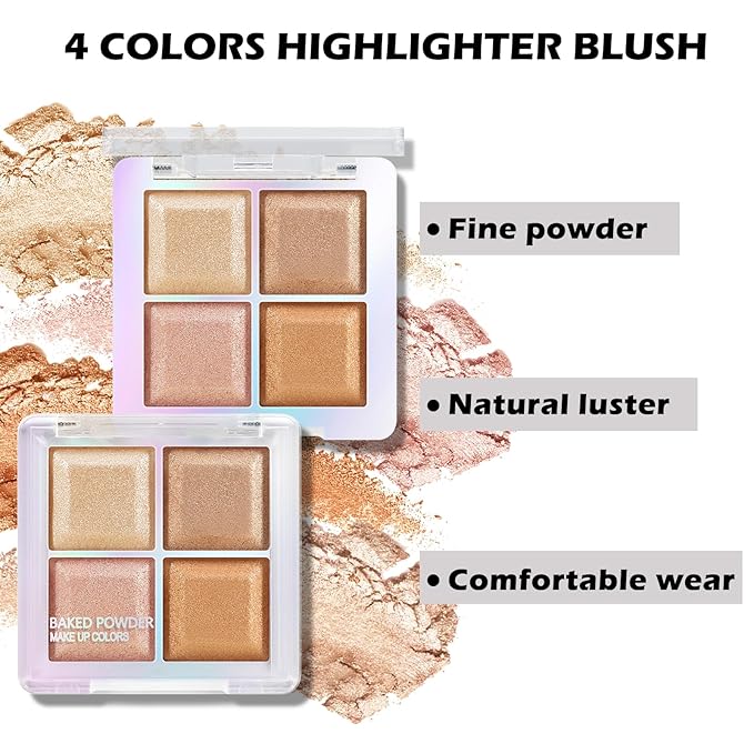 Boobeen Blush and Highlighter Palette- 4-color Metallic Shimmer Shadow Powder, Illuminator Makeup Set for Shading, Highlighting & Defining the Face