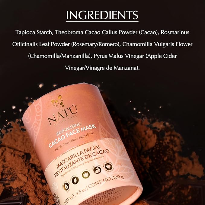 NATÚ BOTANICALS Revitalizing Cacao Hydrating Face Mask - Antioxidant Rich Moisturizing Face Mask with Indulgent Chocolate Scent - Calming, Soothing Facial Masks for Radiant & Glowing Skin 3.5oz