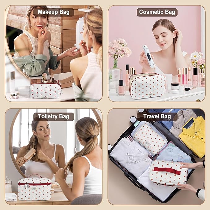 TOPEAST Makeup Bag for Women Girl, 3Pcs Large Cotton Travel Make up Organizer, Quilted Brush Toiletry Pouch Portable Cosmetic Bags with Big Compartment Zipper, Strawberry