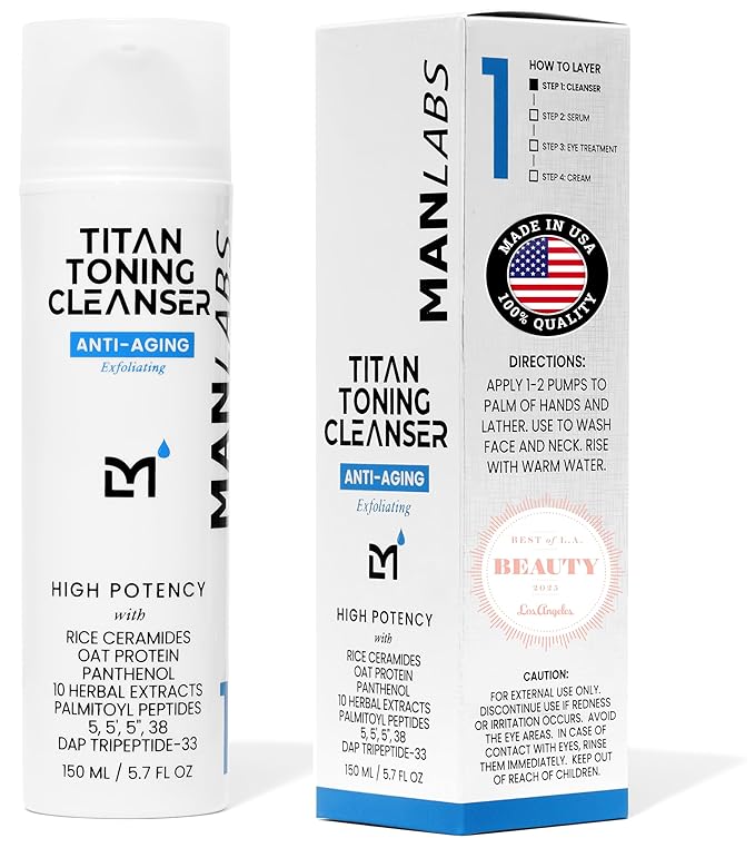 Titan Anti-Aging Mens Face Wash – For Men, Cleanse, Hydrate, Revitalize – Gentle Exfoliating Face Cleanser – Men, Skin Care – Herbal Extracts, Ceramides, Peptides, All Skin Types – Unscented