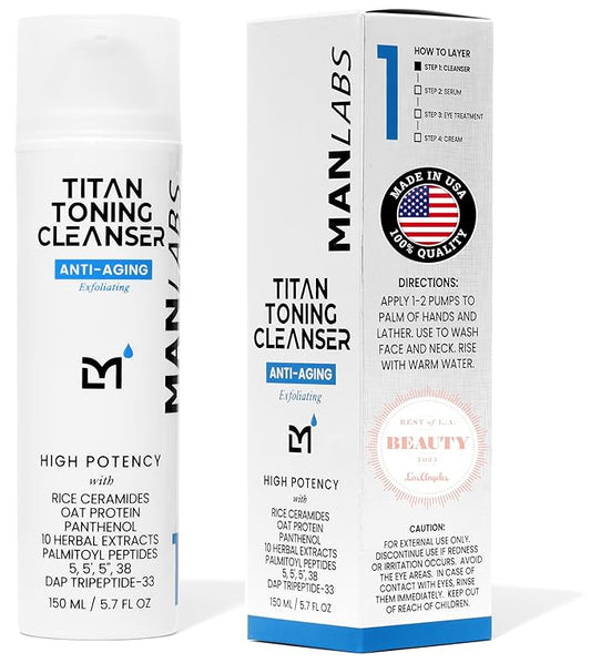 Titan Anti-Aging Mens Face Wash – For Men, Cleanse, Hydrate, Revitalize – Gentle Exfoliating Face Cleanser – Men, Skin Care – Herbal Extracts, Ceramides, Peptides, All Skin Types – Unscented