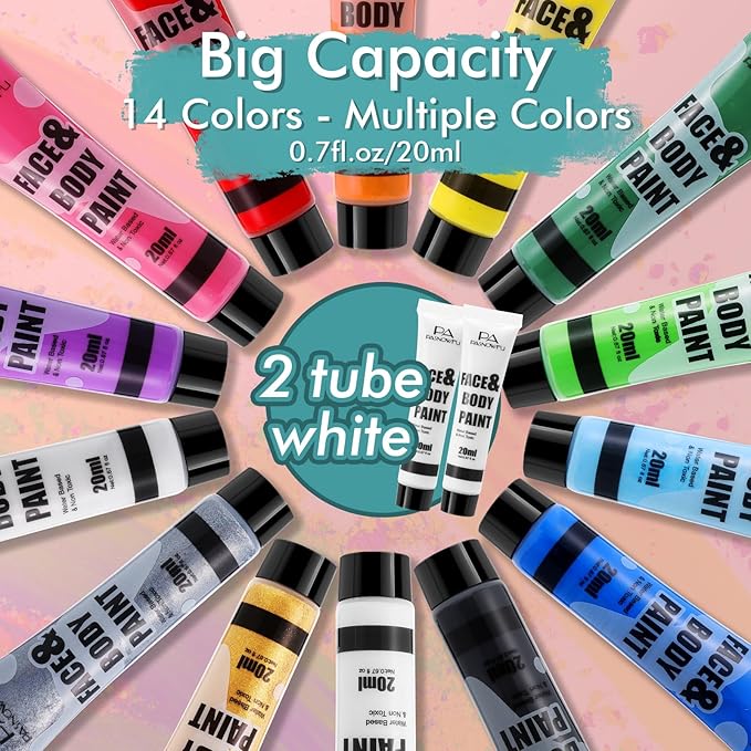 14 Colors Face Body Painting Kit, Full Coverage Water Based Face Paint Set for Cosplay Skull Joker Zombie Vampire, Highly Pigmented Body Paint Cream for Adult Carnival Halloween SFX Makeup