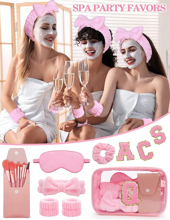 Gift Sets for Women, Initial Makeup Bag with Makeup Brush Set Bachelorette Party Favors, Pink Spa Kit with Skincare Headbands Wrist Bands Sleepover Party Supplies Gifts for Teen Girls Bridesmaid Q